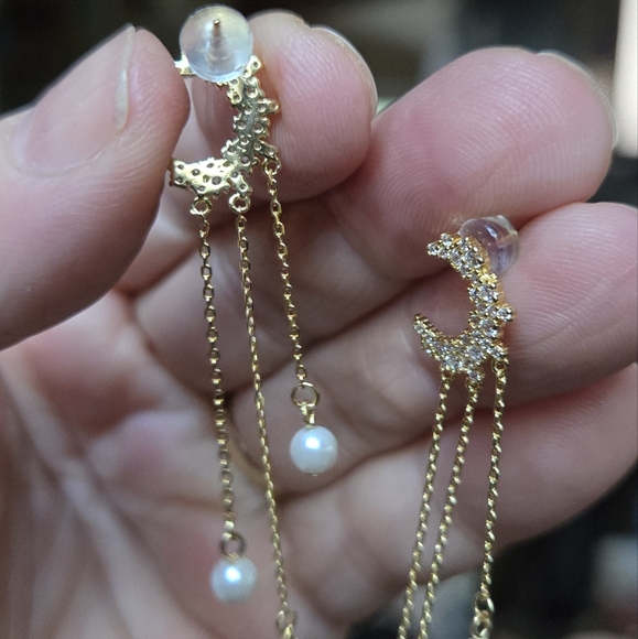 White topaz & pearl Crescent Moon falling star sterling & gold Earrings - Picture 7 of 8